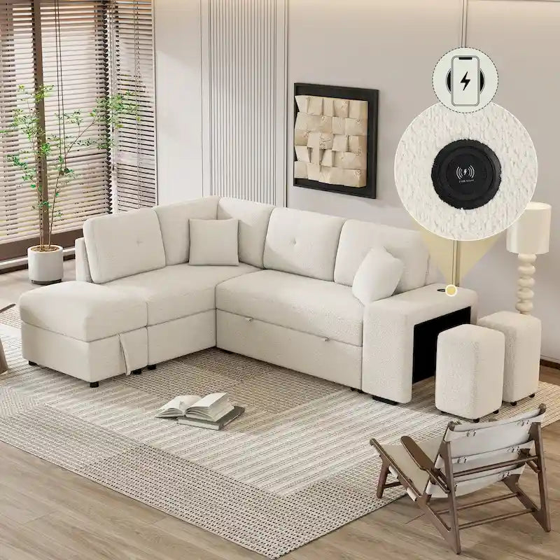 Canapé convertible (avec pouf de rangement, deux coussins décoratifs, deux tabourets et chargeur sans fil)