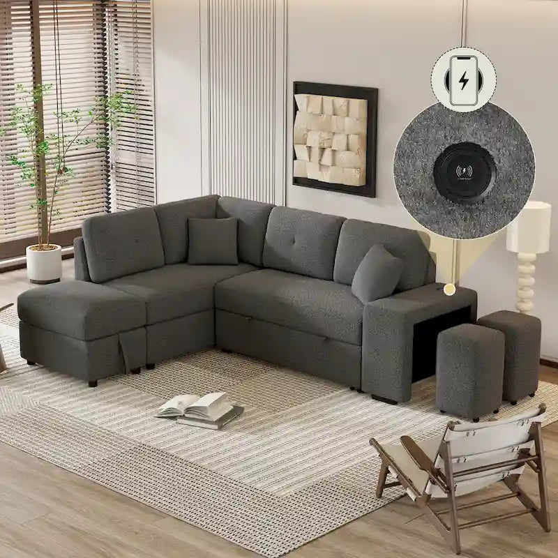 Canapé convertible (avec pouf de rangement, deux coussins décoratifs, deux tabourets et chargeur sans fil)