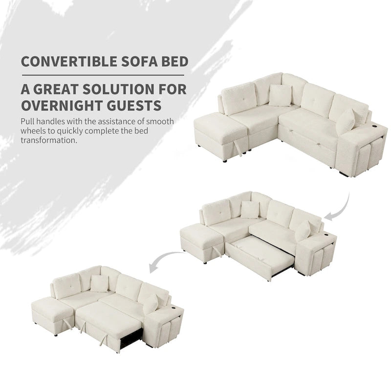 Canapé convertible (avec pouf de rangement, deux coussins décoratifs, deux tabourets et chargeur sans fil)