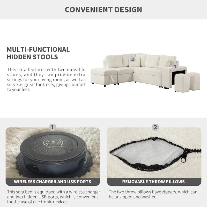Canapé convertible (avec pouf de rangement, deux coussins décoratifs, deux tabourets et chargeur sans fil)
