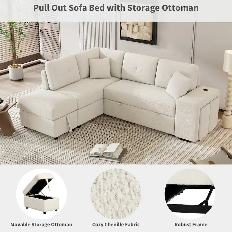 Canapé convertible (avec pouf de rangement, deux coussins décoratifs, deux tabourets et chargeur sans fil)