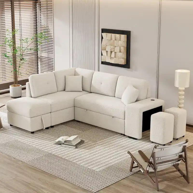 Canapé convertible (avec pouf de rangement, deux coussins décoratifs, deux tabourets et chargeur sans fil)