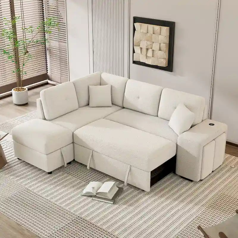 Canapé convertible (avec pouf de rangement, deux coussins décoratifs, deux tabourets et chargeur sans fil)