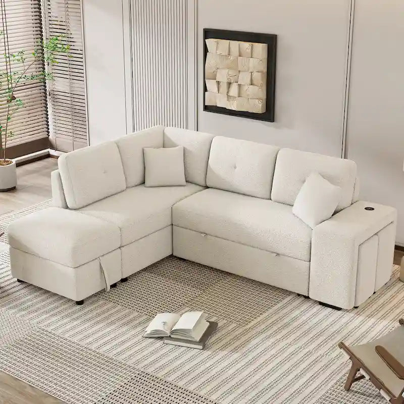 Canapé convertible (avec pouf de rangement, deux coussins décoratifs, deux tabourets et chargeur sans fil)