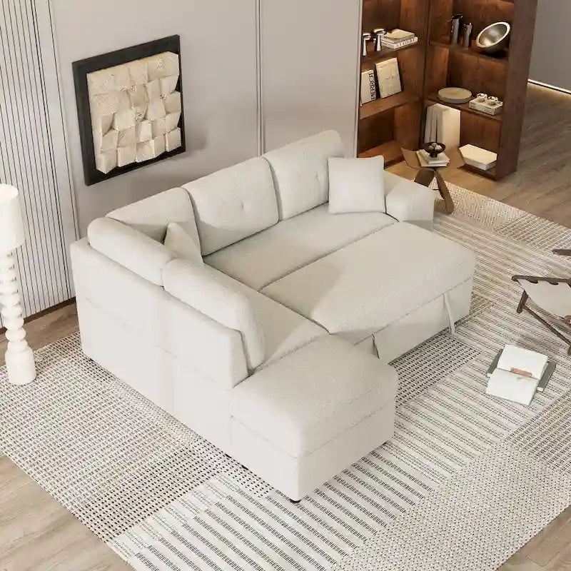 Canapé convertible (avec pouf de rangement, deux coussins décoratifs, deux tabourets et chargeur sans fil)