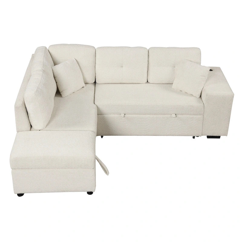 Canapé convertible (avec pouf de rangement, deux coussins décoratifs, deux tabourets et chargeur sans fil)