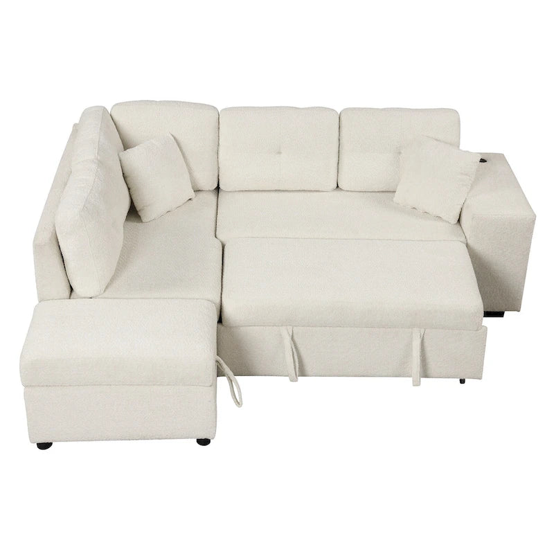 Canapé convertible (avec pouf de rangement, deux coussins décoratifs, deux tabourets et chargeur sans fil)