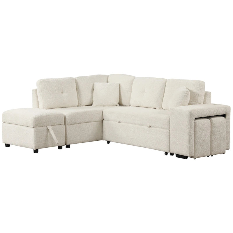 Canapé convertible (avec pouf de rangement, deux coussins décoratifs, deux tabourets et chargeur sans fil)