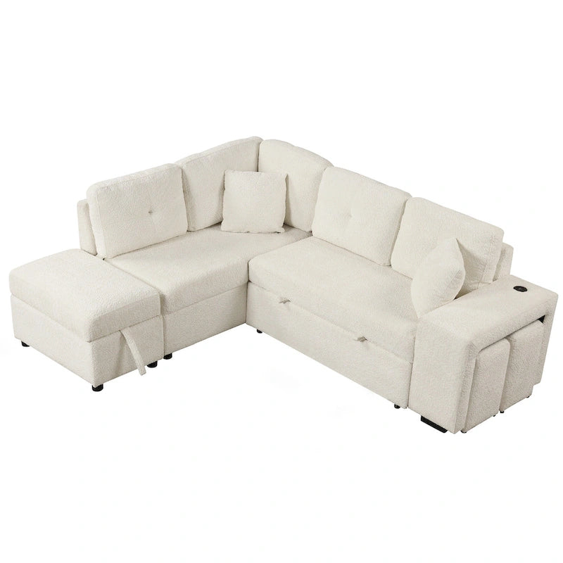 Canapé convertible (avec pouf de rangement, deux coussins décoratifs, deux tabourets et chargeur sans fil)