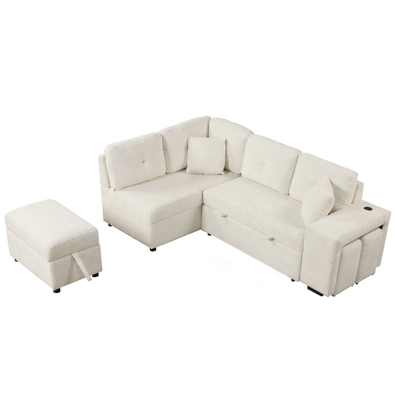 Canapé convertible (avec pouf de rangement, deux coussins décoratifs, deux tabourets et chargeur sans fil)