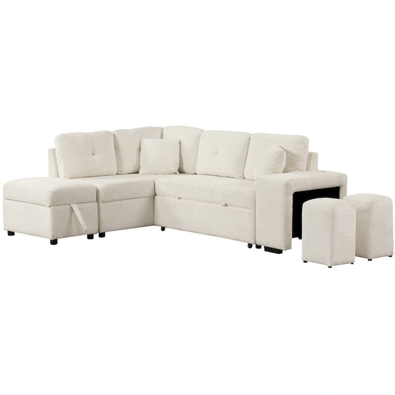 Canapé convertible (avec pouf de rangement, deux coussins décoratifs, deux tabourets et chargeur sans fil)