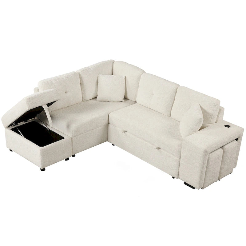 Canapé convertible (avec pouf de rangement, deux coussins décoratifs, deux tabourets et chargeur sans fil)