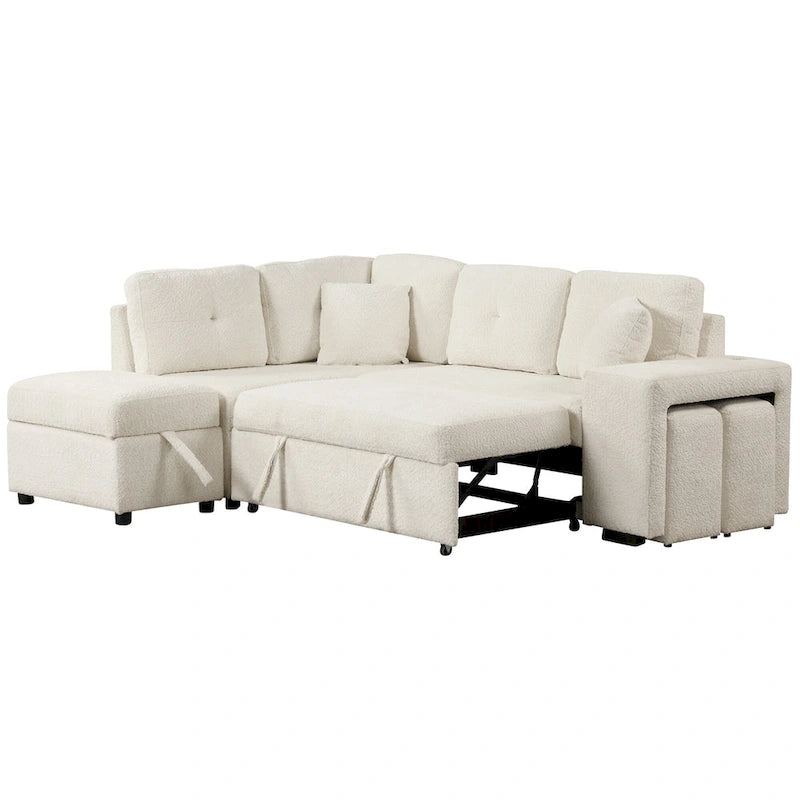 Canapé convertible (avec pouf de rangement, deux coussins décoratifs, deux tabourets et chargeur sans fil)