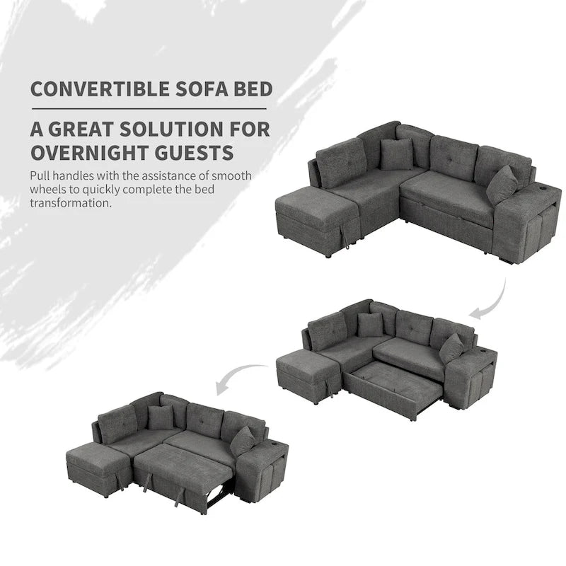 Canapé convertible (avec pouf de rangement, deux coussins décoratifs, deux tabourets et chargeur sans fil)