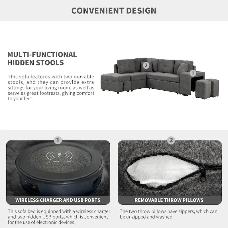 Canapé convertible (avec pouf de rangement, deux coussins décoratifs, deux tabourets et chargeur sans fil)