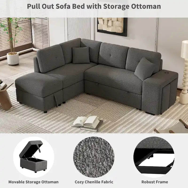 Canapé convertible (avec pouf de rangement, deux coussins décoratifs, deux tabourets et chargeur sans fil)