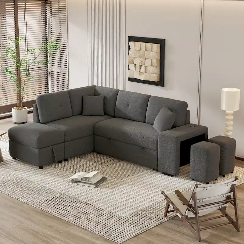 Canapé convertible (avec pouf de rangement, deux coussins décoratifs, deux tabourets et chargeur sans fil)
