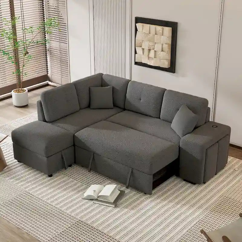 Canapé convertible (avec pouf de rangement, deux coussins décoratifs, deux tabourets et chargeur sans fil)