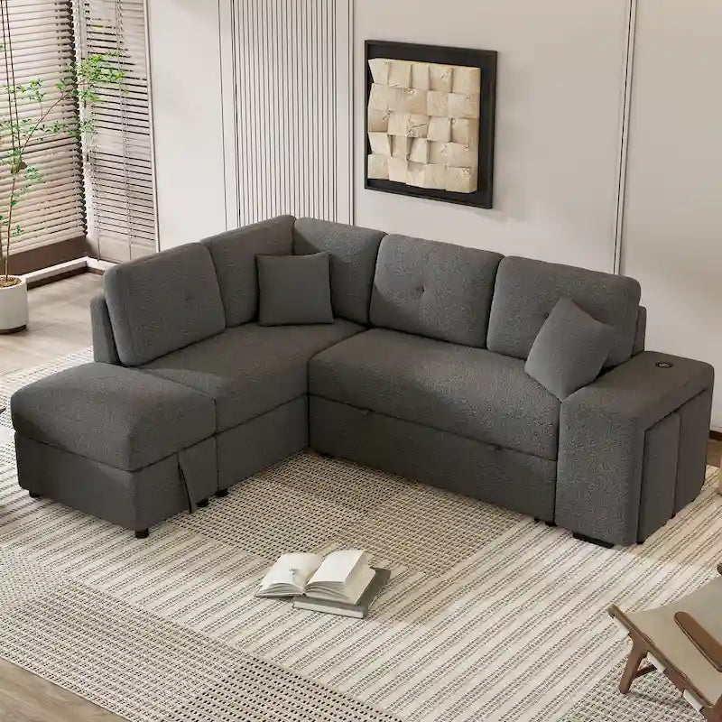 Canapé convertible (avec pouf de rangement, deux coussins décoratifs, deux tabourets et chargeur sans fil)