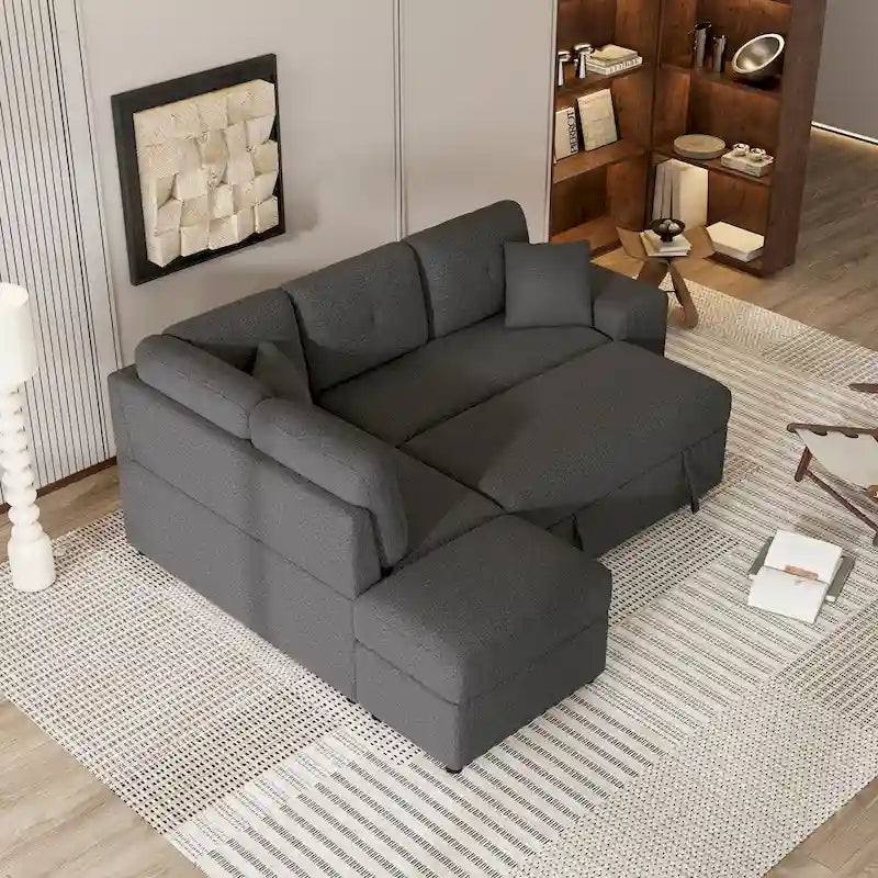 Canapé convertible (avec pouf de rangement, deux coussins décoratifs, deux tabourets et chargeur sans fil)