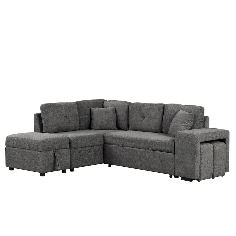 Canapé convertible (avec pouf de rangement, deux coussins décoratifs, deux tabourets et chargeur sans fil)