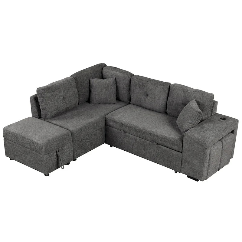 Canapé convertible (avec pouf de rangement, deux coussins décoratifs, deux tabourets et chargeur sans fil)