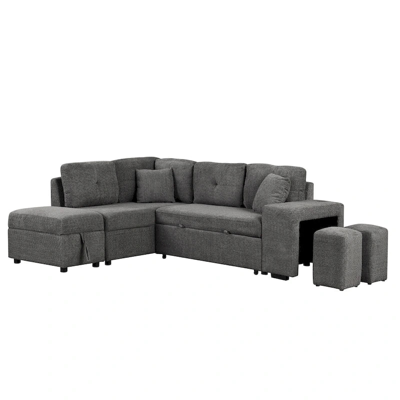 Canapé convertible (avec pouf de rangement, deux coussins décoratifs, deux tabourets et chargeur sans fil)