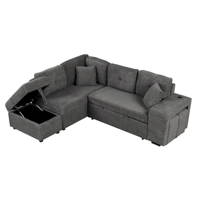 Canapé convertible (avec pouf de rangement, deux coussins décoratifs, deux tabourets et chargeur sans fil)