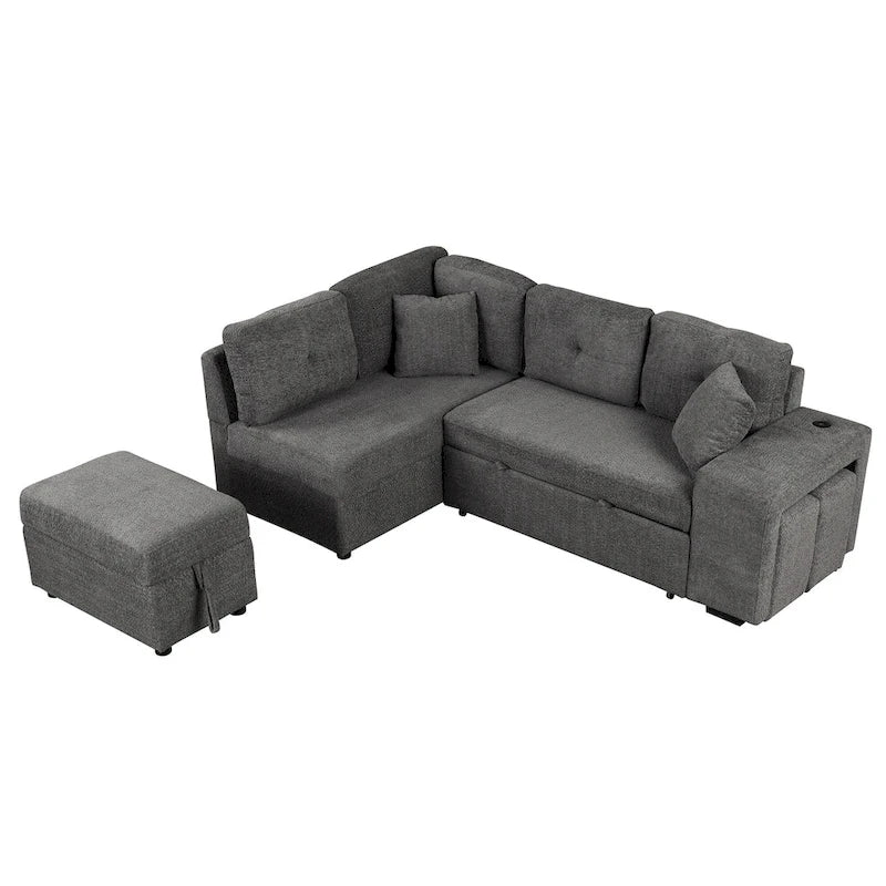 Canapé convertible (avec pouf de rangement, deux coussins décoratifs, deux tabourets et chargeur sans fil)