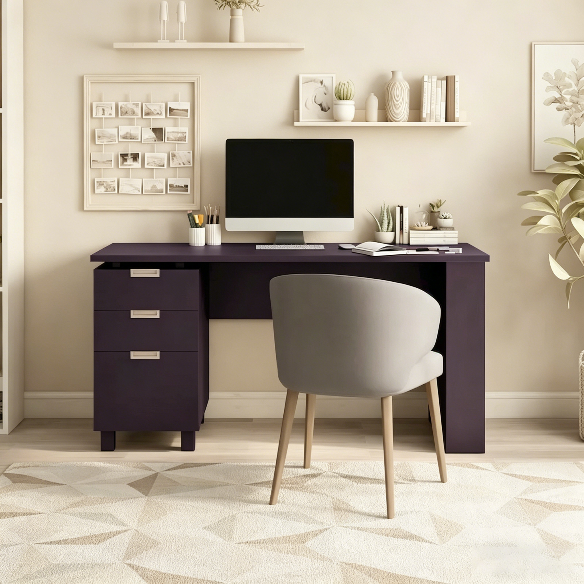 Bureau d'ordinateur moderne en bois couleur moka avec deux tiroirs, 149 cm