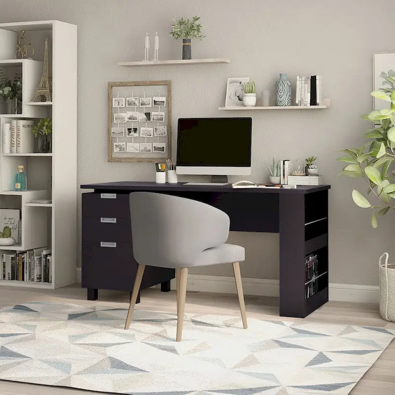 Bureau d'ordinateur moderne en bois couleur moka avec deux tiroirs, 149 cm