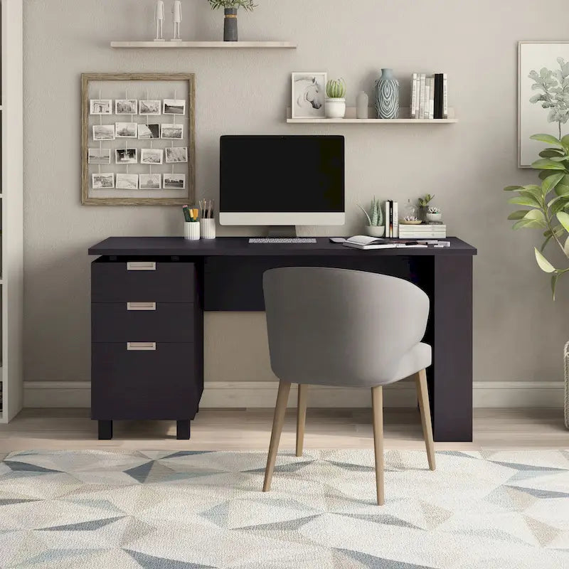 Bureau d'ordinateur moderne en bois couleur moka avec deux tiroirs, 149 cm