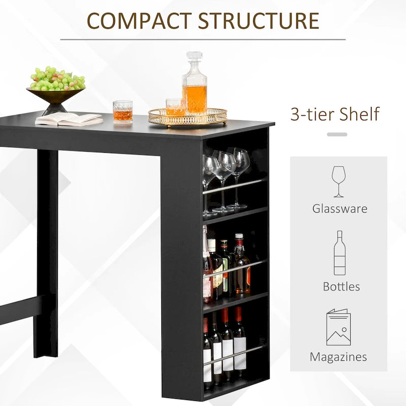 Table de bar moderne, table de salle à manger hauteur comptoir avec 3 étagères de rangement pour cuisine, salle à manger, salon, noir