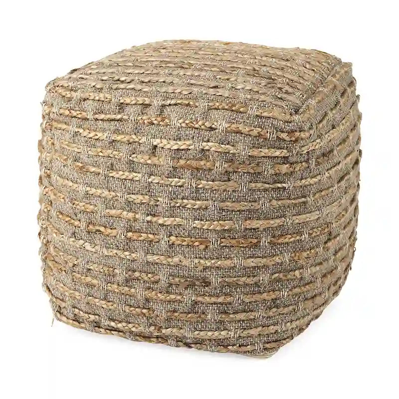 Pouf carré en mélange chanvre gris/marron, laine et coton