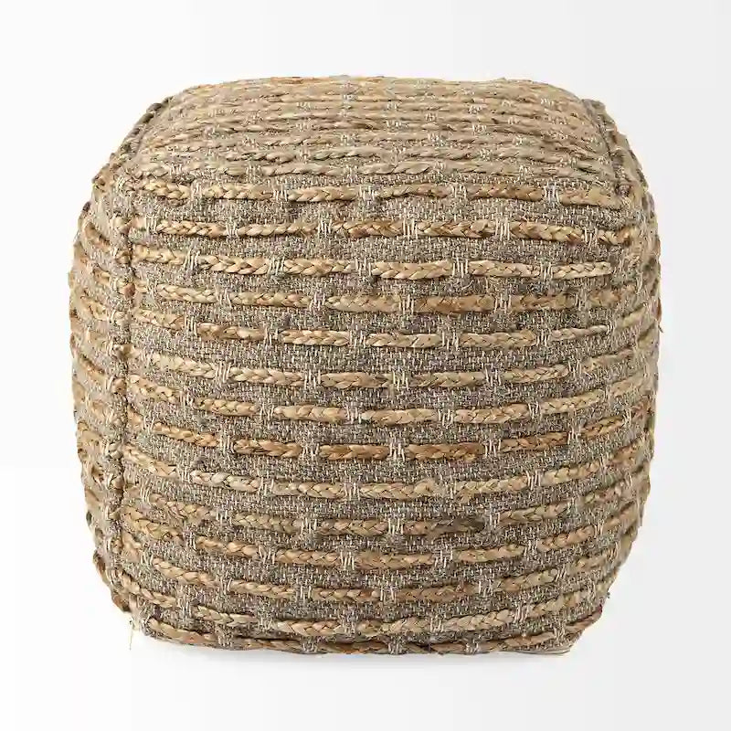 Pouf carré en mélange chanvre gris/marron, laine et coton