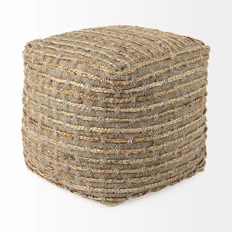 Pouf carré en mélange chanvre gris/marron, laine et coton
