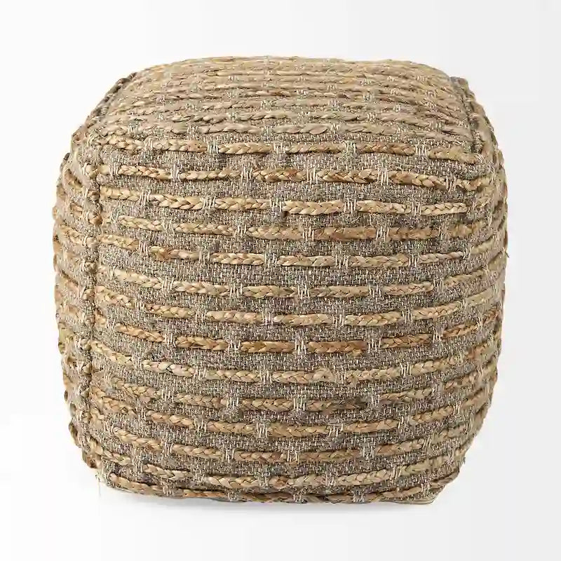 Pouf carré en mélange chanvre gris/marron, laine et coton
