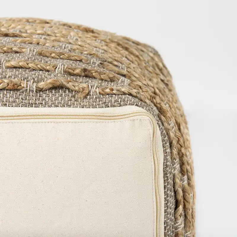 Pouf carré en mélange chanvre gris/marron, laine et coton
