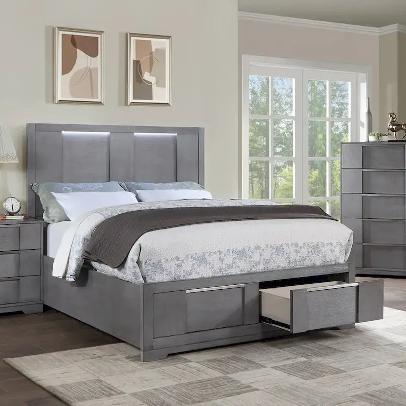 Lit de rangement avec plateforme en bois gris de style moderne (avec lumières LED)