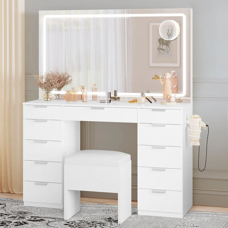 Coiffeuse avec grand miroir LED et 11 tiroirs - 46L*11.7W*55.9H