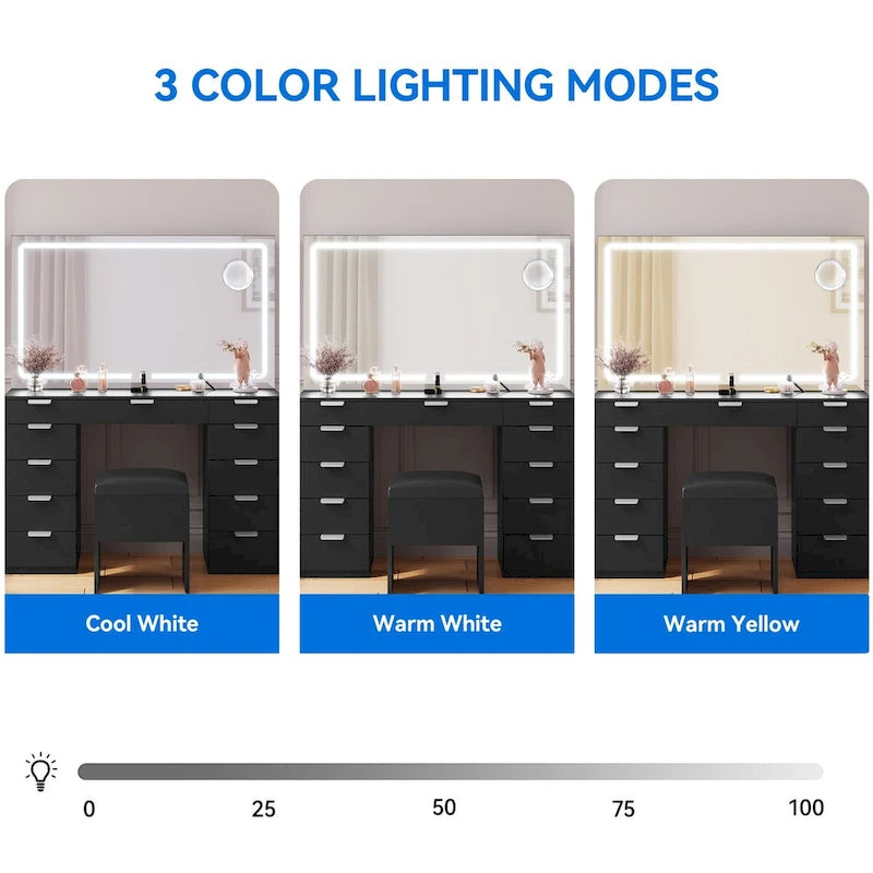 Coiffeuse avec grand miroir LED et 11 tiroirs - 46L*11.7W*55.9H