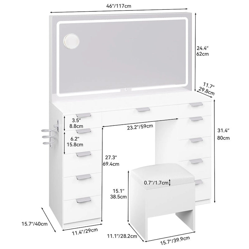 Coiffeuse avec grand miroir LED et 11 tiroirs - 46L*11.7W*55.9H