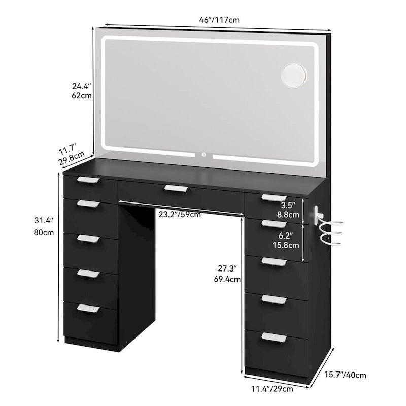 Coiffeuse avec grand miroir LED et 11 tiroirs - 46L*11.7W*55.9H
