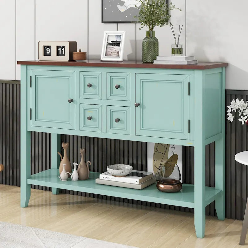 Console vintage avec quatre petits tiroirs et étagère inférieure