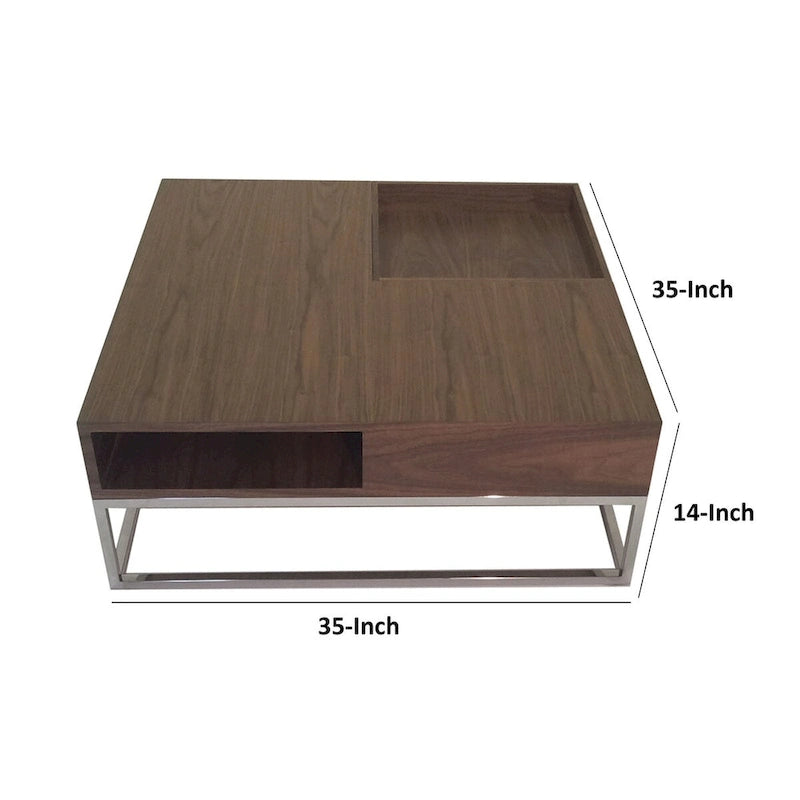 Table basse de 35 pouces, plateau carré en bois amovible, rangement, base en acier