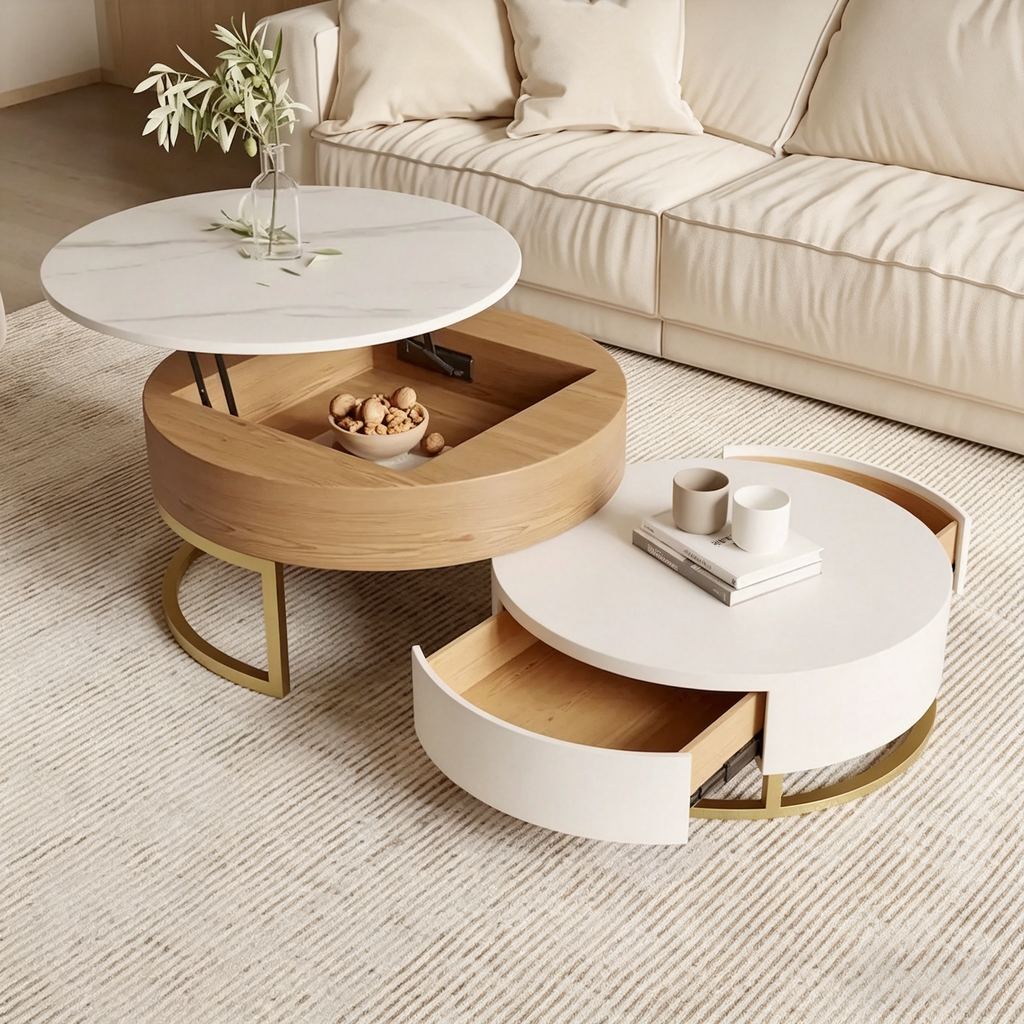 Table basse relevable ronde blanche