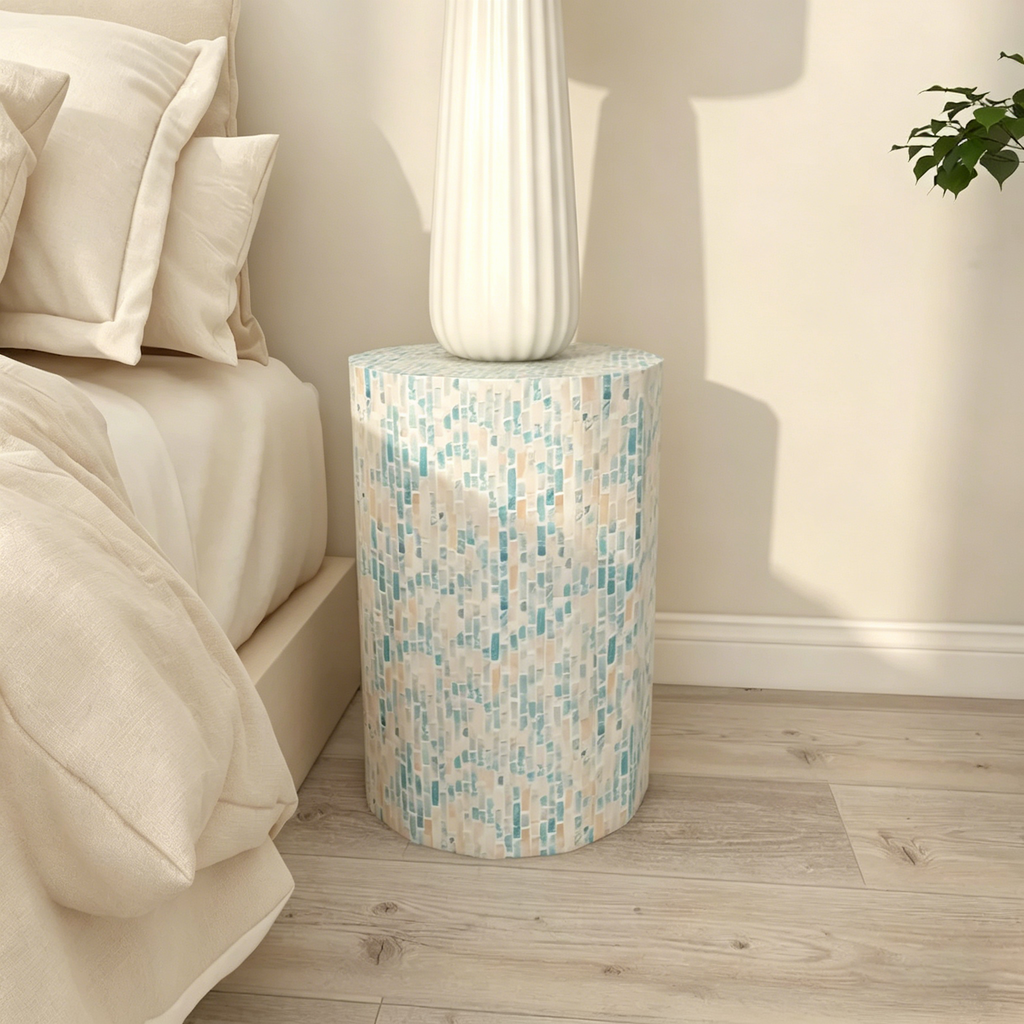 Table d'appoint Tambour avec Incrustation Artisanale de Nacre