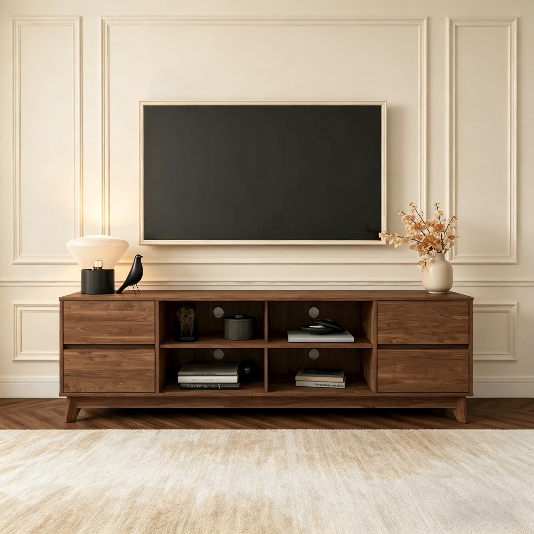 Meuble TV moderne avec tiroirs pour téléviseurs jusqu'à 85 pouces